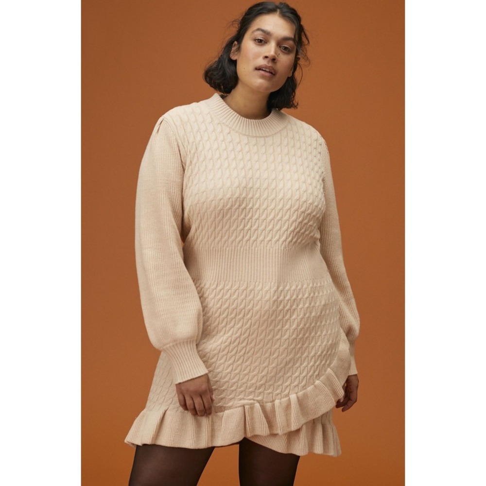 Flat White Anthropologie Cream Ruffled Cable Knit Sweater Dress Size 2X
